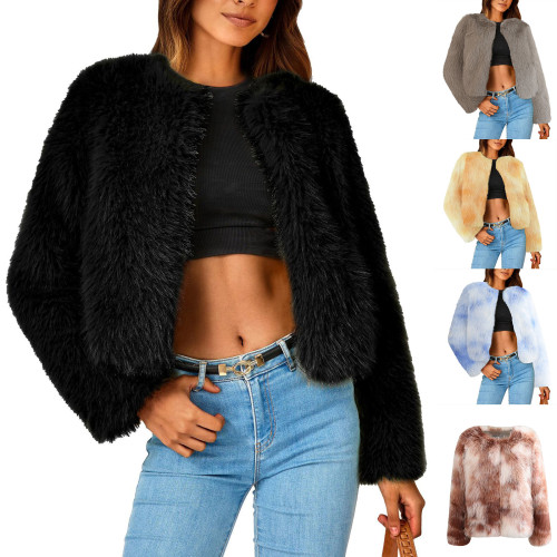 Round neck coat imitation fur coat short style
