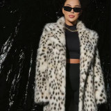 Leopard print women's coat medium long suit collar imitation fox fur grass coat