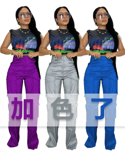 G0617 Casual women's solid color multi pocket workwear pants