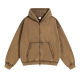 450g washed water vintage double zipper hooded sweatshirt for men