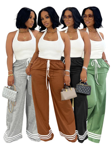 HR24052    Loose striped contrasting pocket wide leg pants, long pants