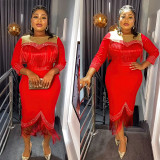 Large size women's rhinestone tassel dress 3716