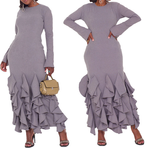 D8623    Lotus leaf side length sleeve wrapped hip dress