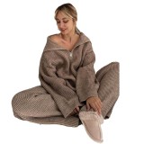 Knitted Half Zipper Top Wide Leg Pants Two Piece Set