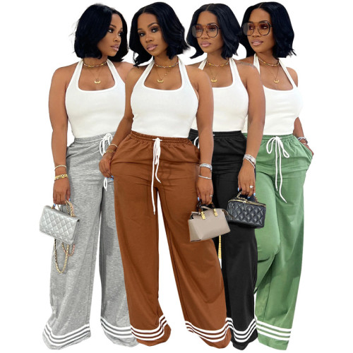 HR24052    Loose striped contrasting pocket wide leg pants, long pants