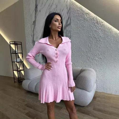 Flip collar long sleeved striped knitted skirt A-line dress