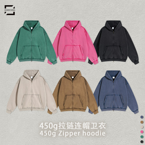 450g washed water vintage double zipper hooded sweatshirt for men
