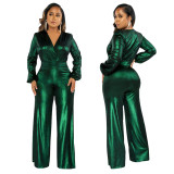 K10317   Sexy V-neck lantern sleeve hot stamping jumpsuit