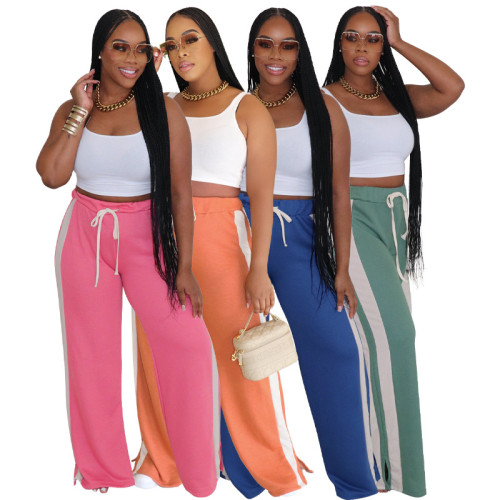 HR24051   Double striped contrasting casual home vacation pants with wide legs