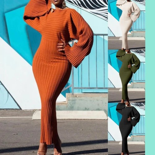 L0403 long sleeved solid color pit stripe wrapped hip dress