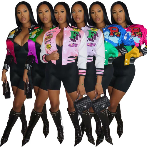 Y1882 Printed Fashion Women's Baseball Jacket