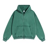 450g washed water vintage double zipper hooded sweatshirt for men