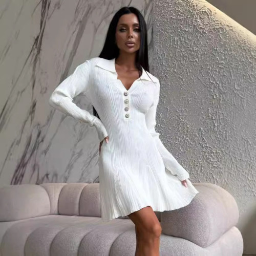 Flip collar long sleeved striped knitted skirt A-line dress