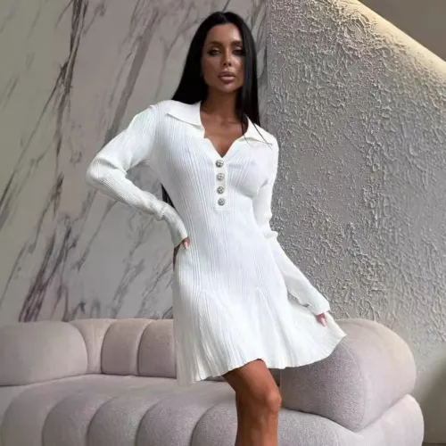 Flip collar long sleeved striped knitted skirt A-line dress