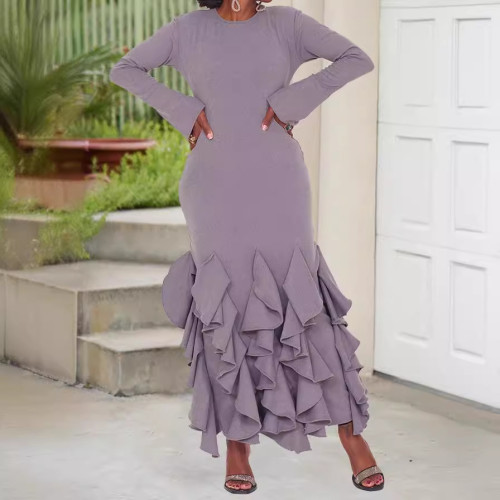 D8623    Lotus leaf side length sleeve wrapped hip dress
