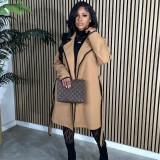 Woolen long sleeved woven lapel long coat, loose windbreaker jacket