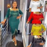 Large size women's rhinestone tassel dress 3716