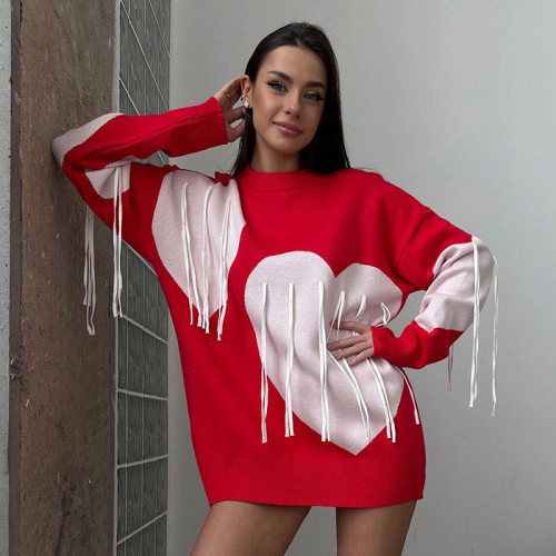 Love tassel sweater round neck fashionable pullover top knitted sweater