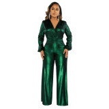K10317   Sexy V-neck lantern sleeve hot stamping jumpsuit
