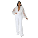 10368 women's mesh lantern sleeves V-neck backless jumpsuit
