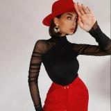Round neck fashionable mesh splicing long sleeved jumpsuit for women
