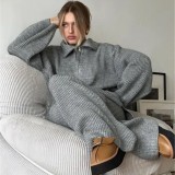 Knitted Half Zipper Top Wide Leg Pants Two Piece Set