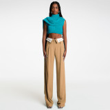 Loose and slimming collar design straight leg wide leg pants