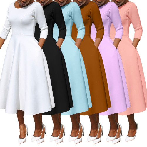 281 autumn and winter solid color round neck seven quarter sleeve large swing dress