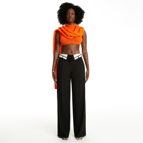Loose and slimming collar design straight leg wide leg pants