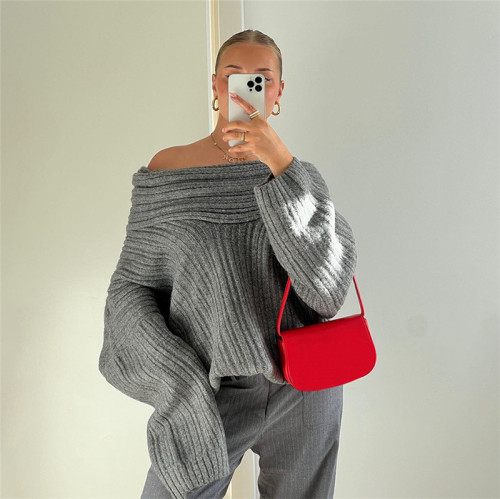 One shoulder long sleeved loose and versatile solid color knitted sweater for women