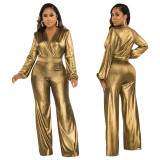 K10317   Sexy V-neck lantern sleeve hot stamping jumpsuit