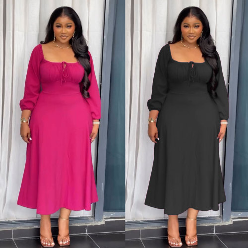 A7481   Off shoulder long skirt with drawstring, square collar, zipper, waist cinched, A-line hem dress