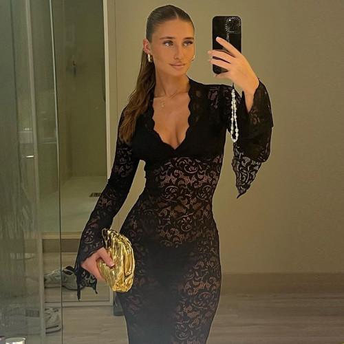 Deep V lace pattern perspective slim fit long sleeved dress for women