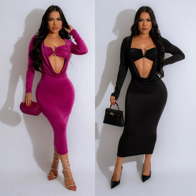 A7471 deep V-neck hanging pleated long sleeved dress