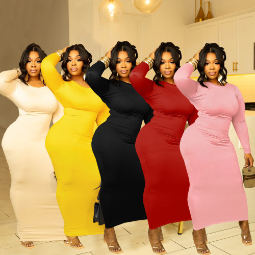 TW555 solid color round neck mid waist long sleeved elastic slim fit dress