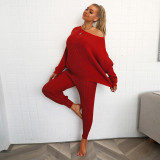 Solid color striped off shoulder high stretch long sleeved loose two-piece set with threaded cuffs