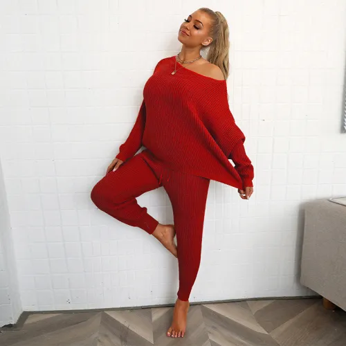 Solid color striped off shoulder high stretch long sleeved loose two-piece set with threaded cuffs