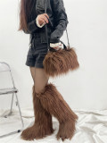 Tall fur boots and fur handbag set imitating wool punk style and spicy girl style