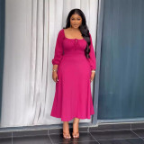 A7481   Off shoulder long skirt with drawstring, square collar, zipper, waist cinched, A-line hem dress