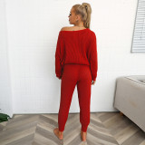 Solid color striped off shoulder high stretch long sleeved loose two-piece set with threaded cuffs