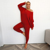 Solid color striped off shoulder high stretch long sleeved loose two-piece set with threaded cuffs