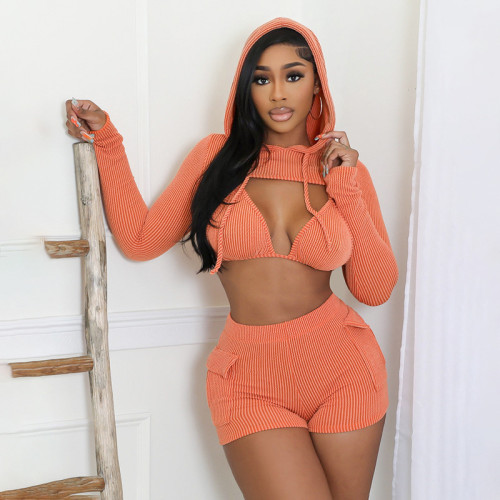 D24ST465 slim fit sexy hot girl long sleeved jacket shorts three piece set