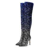 Gradient sequin side zipper pointed thin heel high heel knee high boots for women