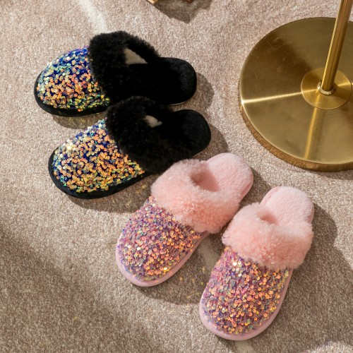 Cotton slippers, women's sequins, home and indoor fur slippers