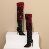 Gradient sequin side zipper pointed thin heel high heel knee high boots for women