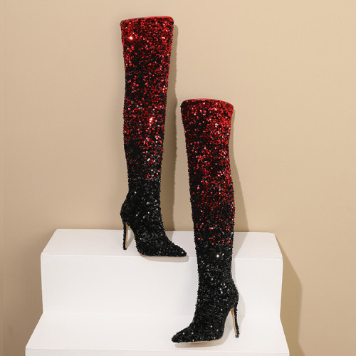 Gradient sequin side zipper pointed thin heel high heel knee high boots for women