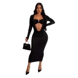 A7471 deep V-neck hanging pleated long sleeved dress