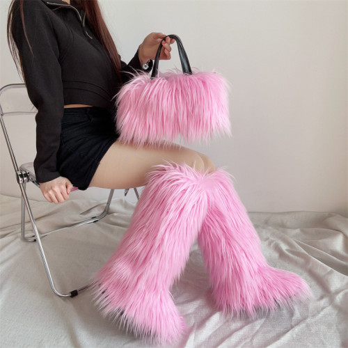 Tall fur boots and fur handbag set imitating wool punk style and spicy girl style