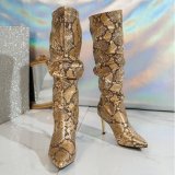 Wrinkled high boots, snake patterned slim high heels, fashion boots