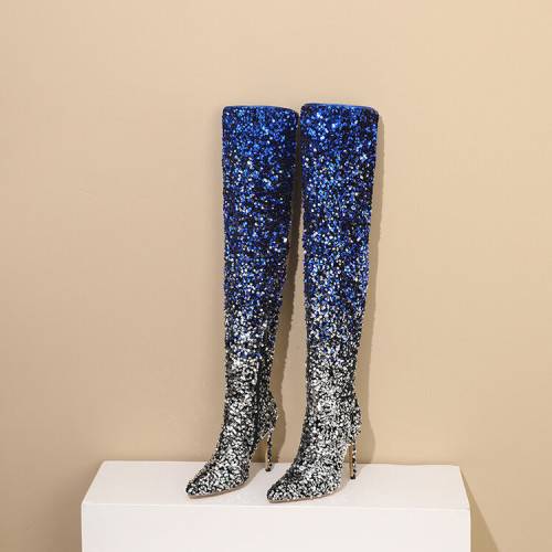 Gradient sequin side zipper pointed thin heel high heel knee high boots for women